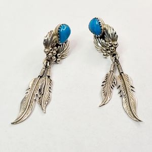 Vintage Sterling Silver Turquoise Feather Earrings